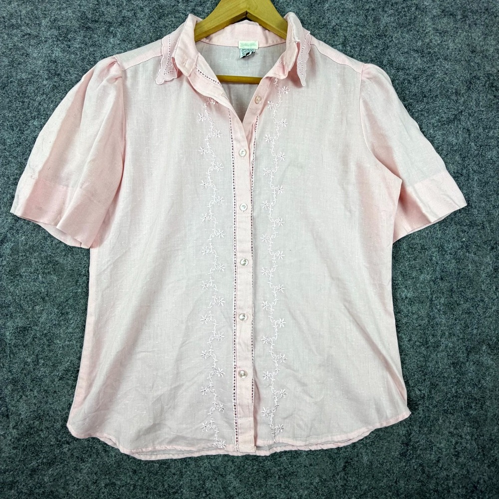 Vintage Division II Blouse Womens 12 Pink Coquette Floral Collared Button Up
